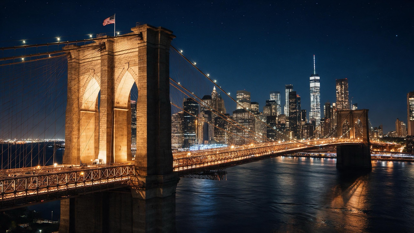 Puente de Brooklyn y Manhattan de noche iluminado